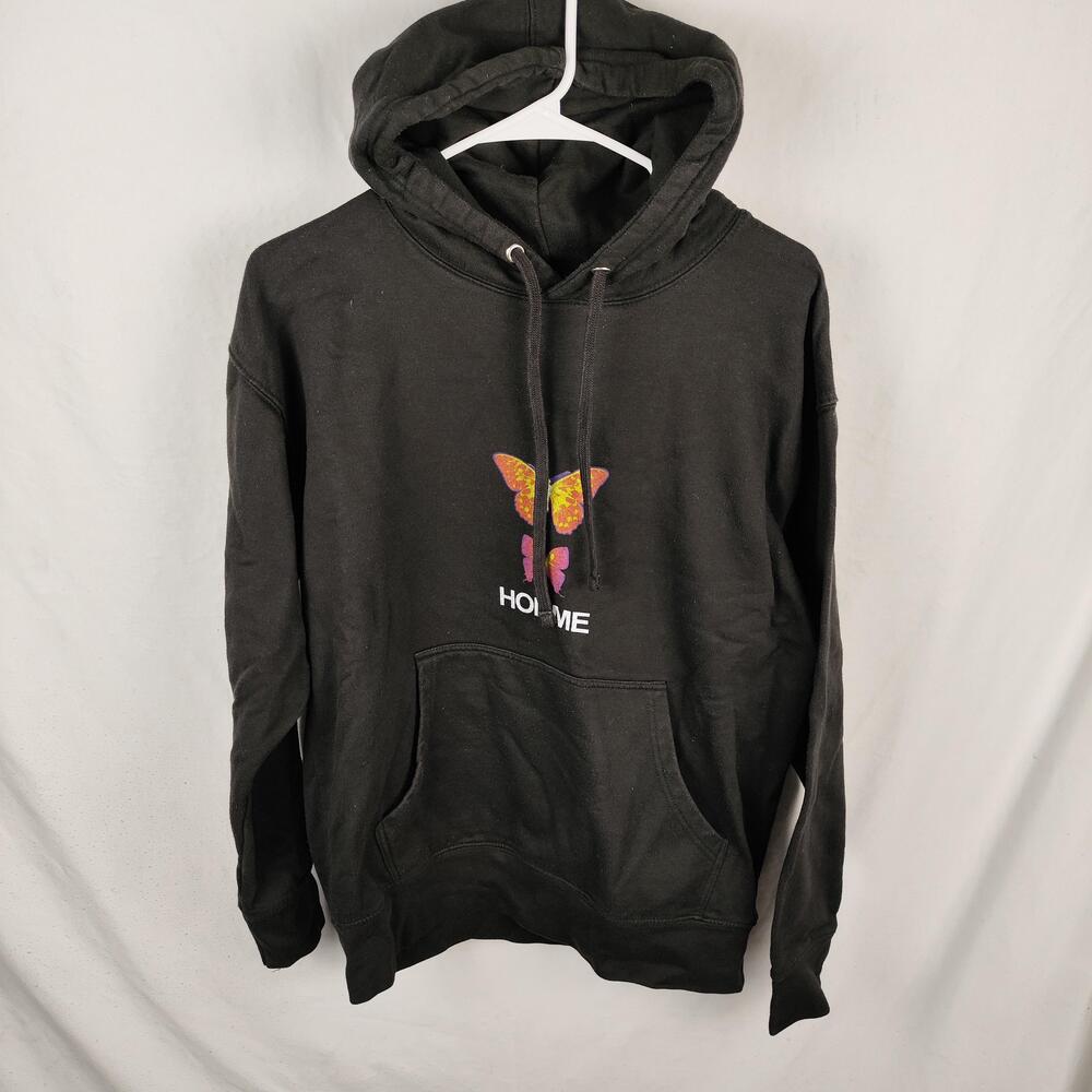BoohooMAN Hoodie Mens Small Black Butterfly Graphic Pullover Fleece Sweatshirt
